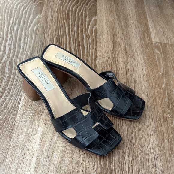 Steven New York Shoes - Black Croc-Embossed Square-Toe Block Heel Sandals